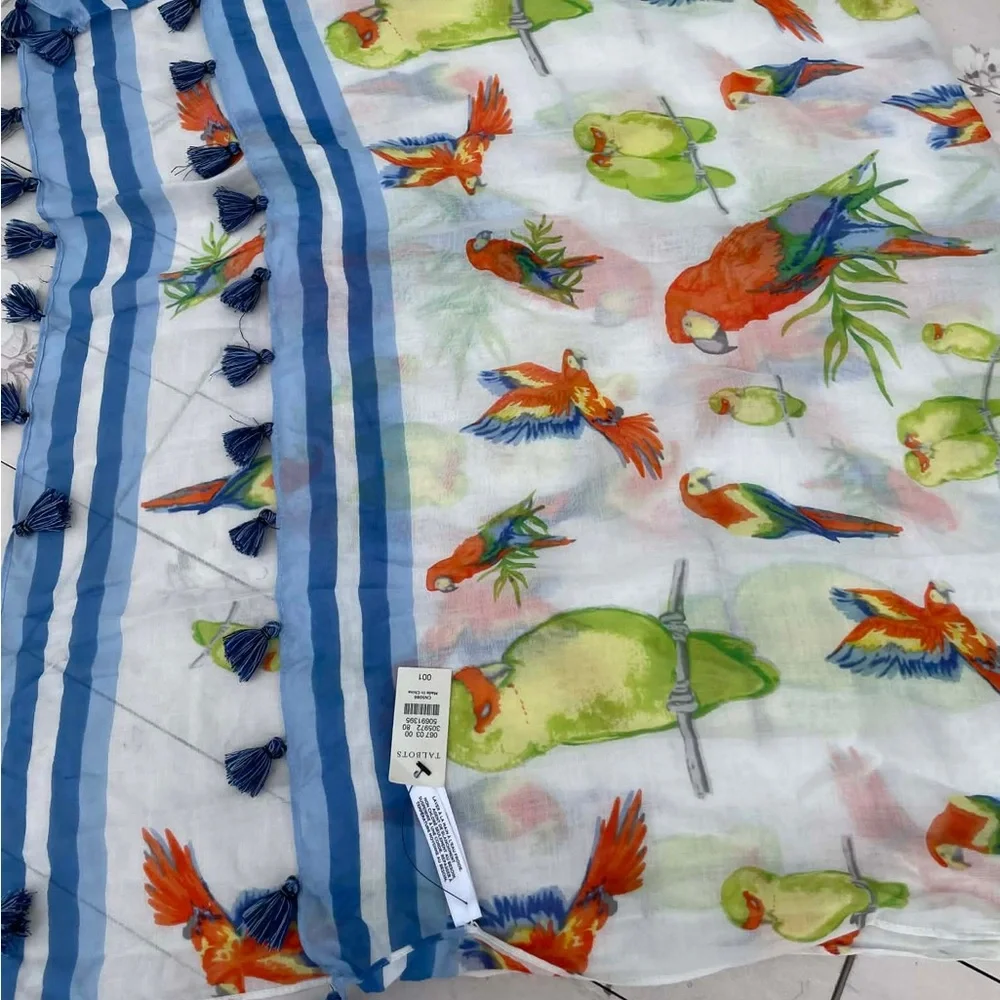 Talbots Vibrant Bird Print Scarf with Blue Accents